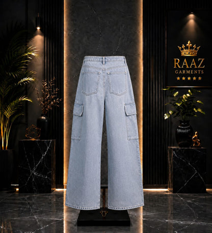 Men’s Light Blue Denim Cargo Jeans | Relaxed Fit Streetwear Pants with Utility Pockets