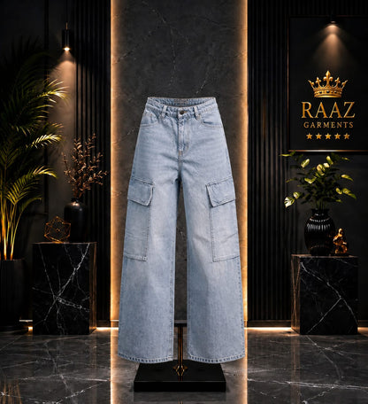Men’s Light Blue Denim Cargo Jeans | Relaxed Fit Streetwear Pants with Utility Pockets
