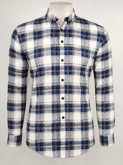 Men’s Blue & White Checkered Casual Shirt – Slim Fit Plaid Button Down Shirt for Men
