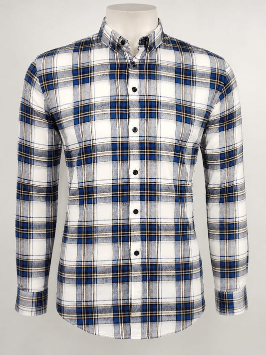 Men’s Blue & White Checkered Casual Shirt – Slim Fit Plaid Button Down Shirt for Men