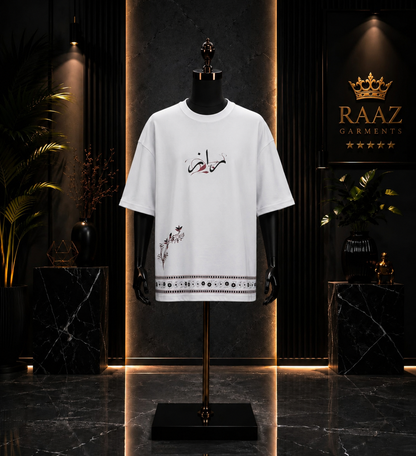 Men's Premium Oversized White Graphic T-Shirt – Arabic Calligraphy & Paisley Back Print