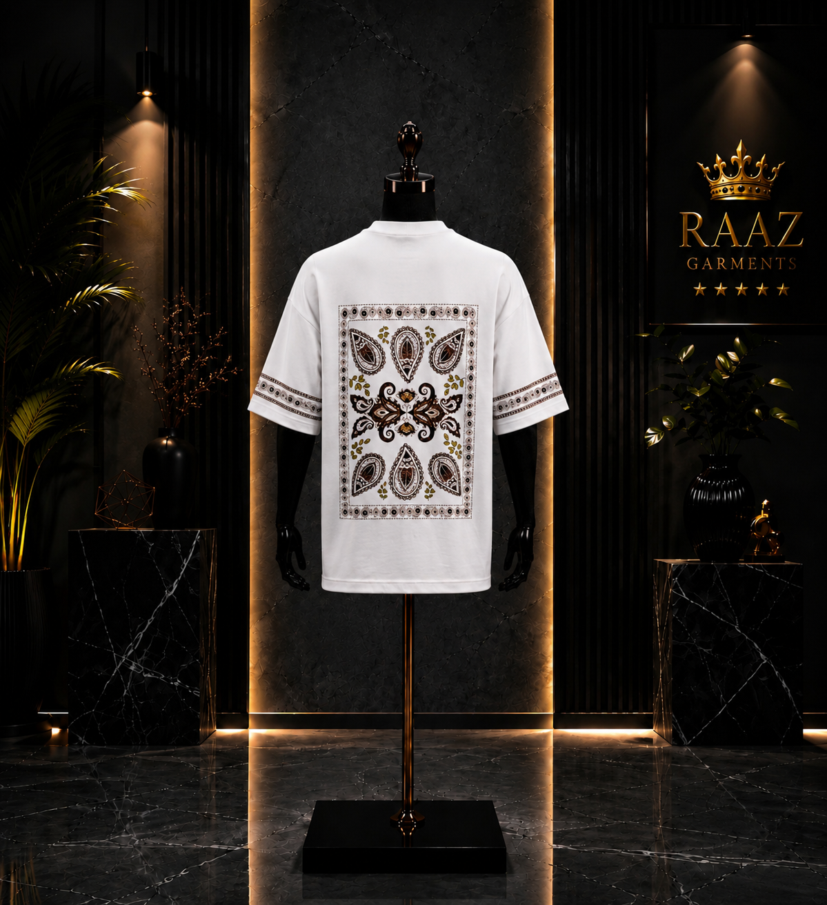 Men's Premium Oversized White Graphic T-Shirt – Arabic Calligraphy & Paisley Back Print