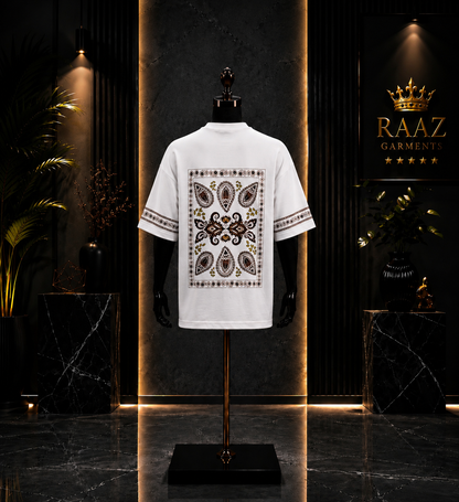 Men's Premium Oversized White Graphic T-Shirt – Arabic Calligraphy & Paisley Back Print