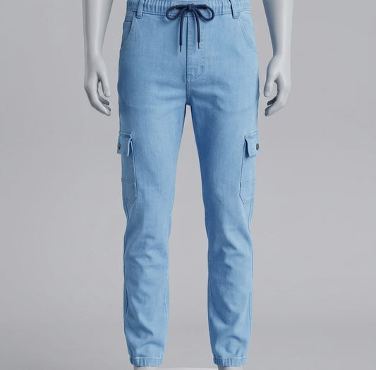 Men’s Light Blue Cargo Jogger Pants – Slim Fit Casual Cargo Trousers with Multi Pockets